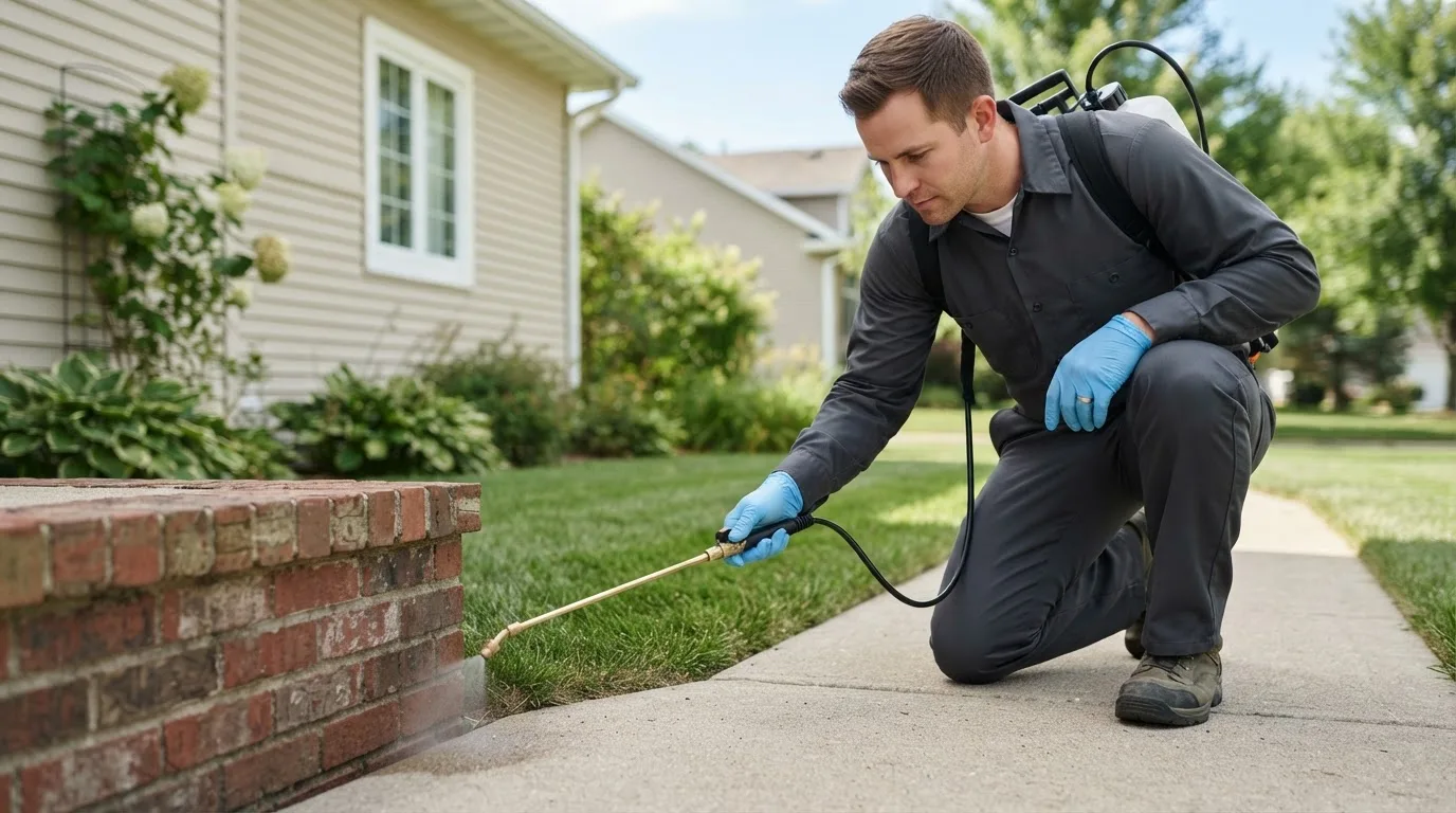 Pest control technician treating a home near Chazy, NY